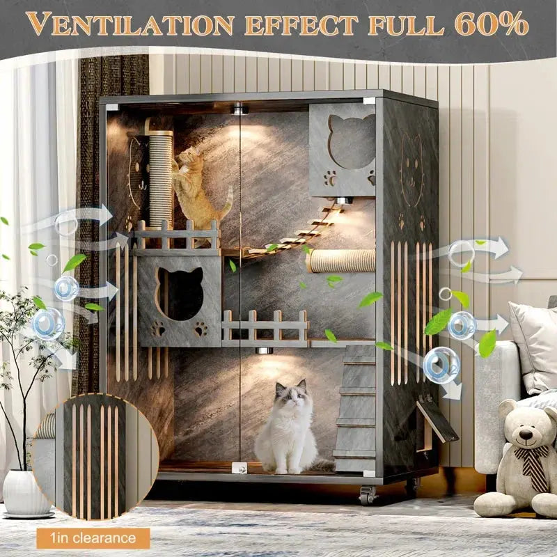 Desara Wooden Cat Villa, Large Cat Enclosure, Indoor Enclosed Cat House - Chic Pet Essentials