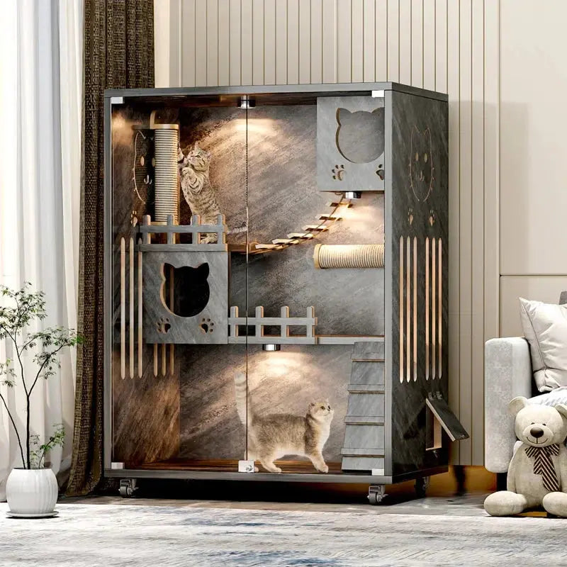 Desara Wooden Cat Villa, Large Cat Enclosure, Indoor Enclosed Cat House - Chic Pet Essentials