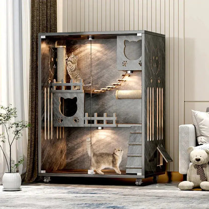 Desara Wooden Cat Villa, Large Cat Enclosure, Indoor Enclosed Cat House - Chic Pet Essentials