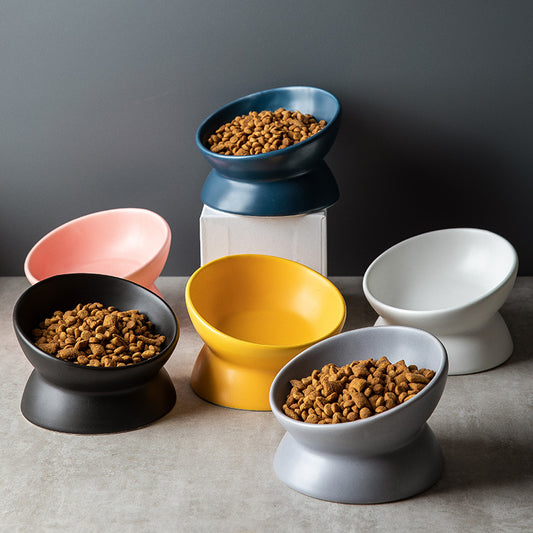 Slanted-mouthed high-legged pet food bowl