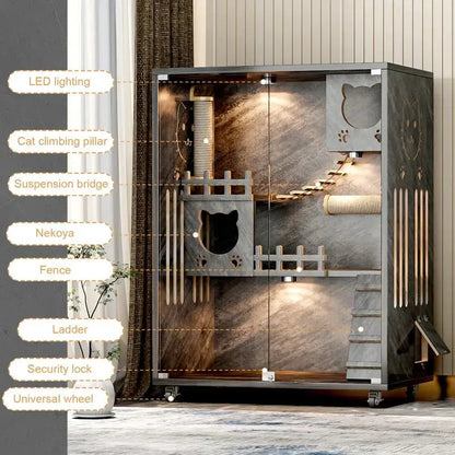 Desara Wooden Cat Villa, Large Cat Enclosure, Indoor Enclosed Cat House - Chic Pet Essentials