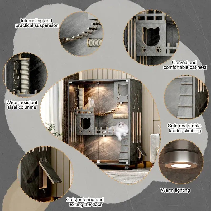 Desara Wooden Cat Villa, Large Cat Enclosure, Indoor Enclosed Cat House - Chic Pet Essentials